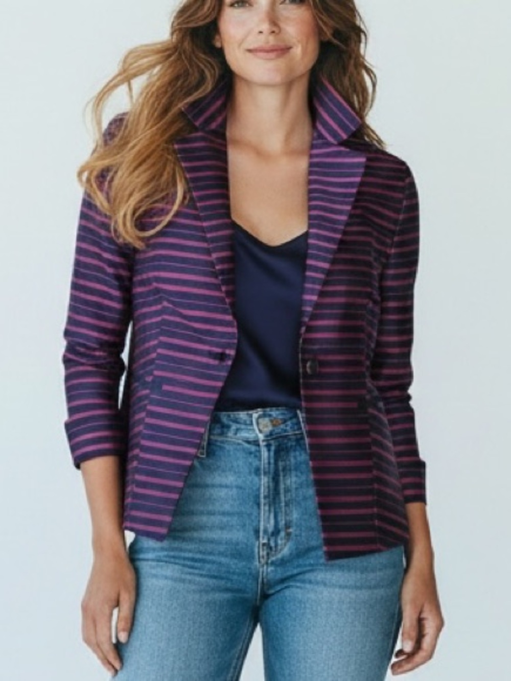 Talbots Grace Fit Dupioni Silk Blend Striped Blazer Pink Navy Size 2